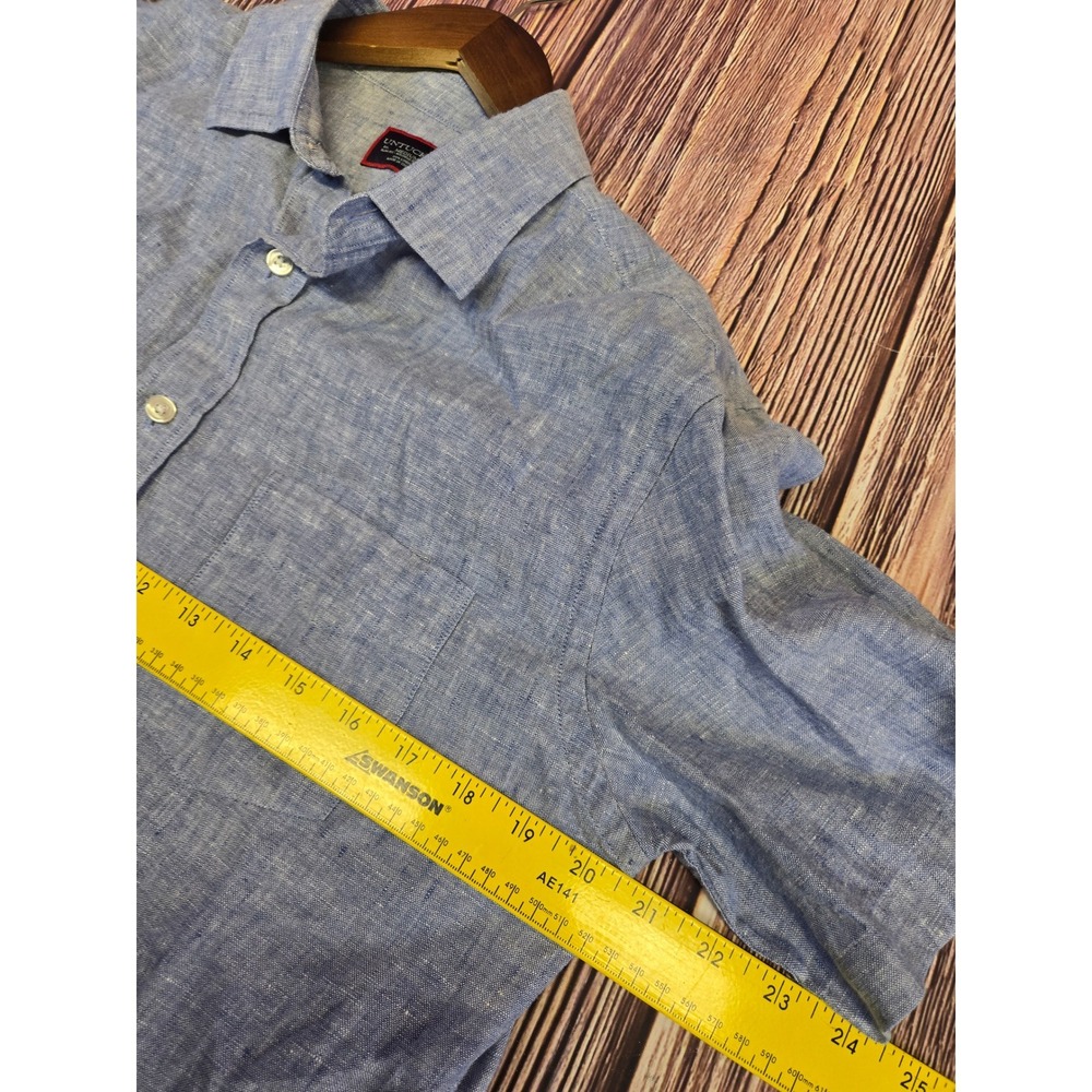 UNTUCKit Button Down Shirt Mens Medium Blue Linen Short Sleeve Slim Fit Wrinkle - Picture 4 of 8